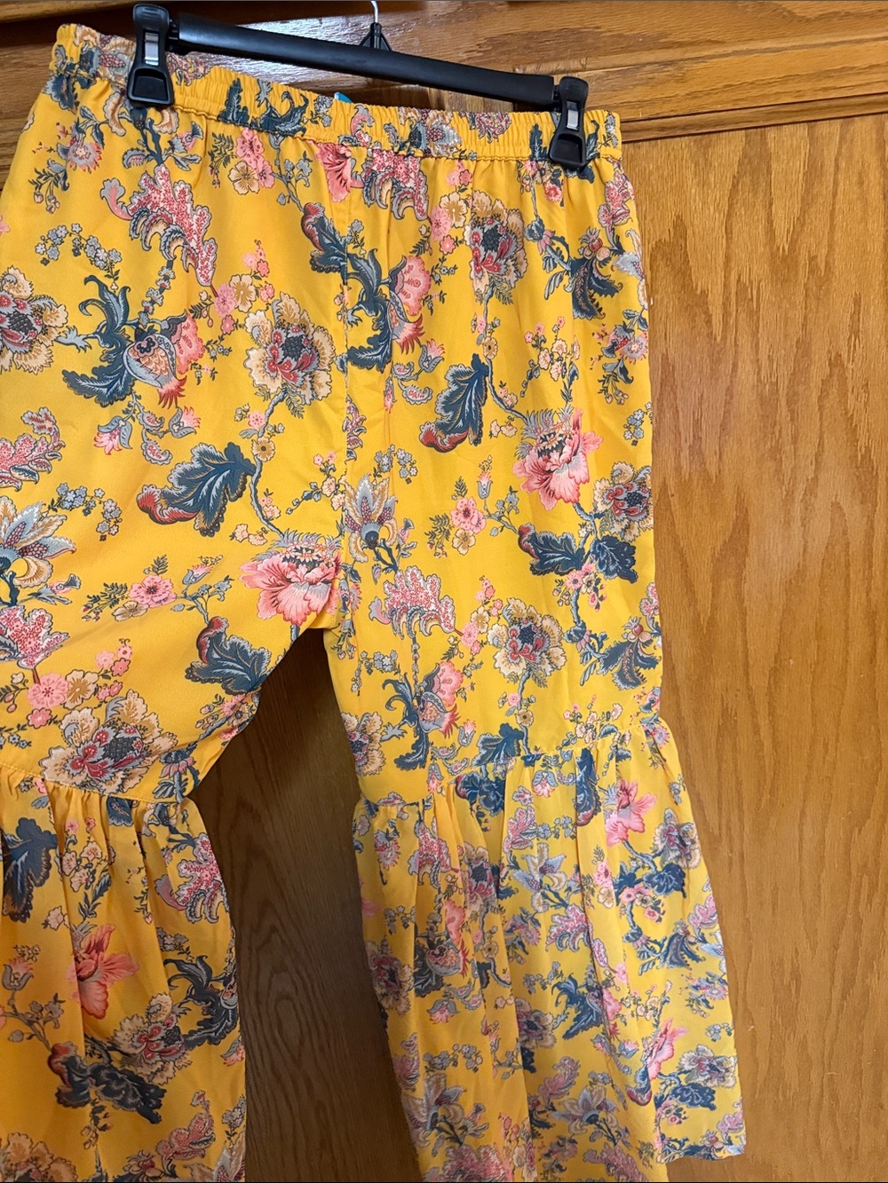 Yellow Floral Tiered wide leg pants with Pink & Green Accents - Picture 8 of 8